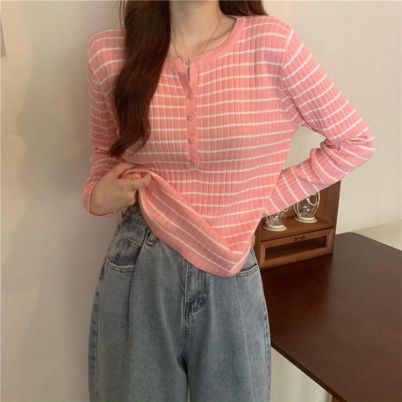 Versatile Striped Long Sleeve Knitwear Women's Early Autumn Winter Thin Loose Outerwear Base Layer Top