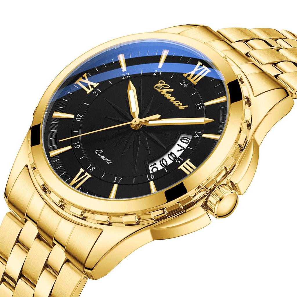 Watch Men Stainless Steel Calendar Gold 3ATM Water Resistant Luminous Analog Display Simple Fashion Quartz Watch Men Fashion Accessory - Birthday