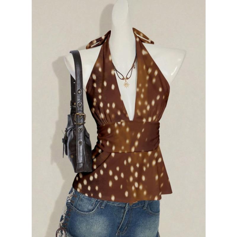 Women Halter Tie Back Backless Short Ruched Fitted Summer Camisole