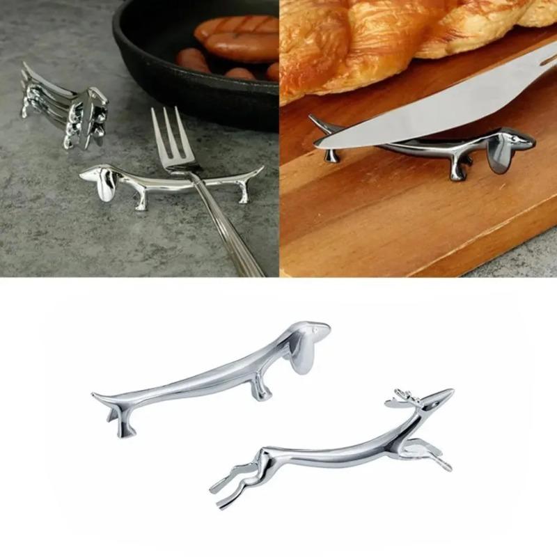 Silver Dachshund-Shaped Cutlery Holder Organizer Decorative Dog Design Kitchen Utensil Storage Rack for Countertop Tableware