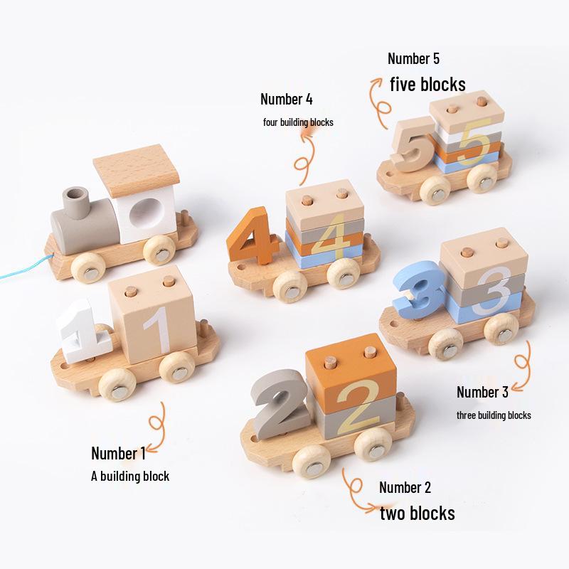 Wooden Toddler Building Blocks: Number & Color Recognition, Interlocking, Pull-Along Train - Early Educational Toy