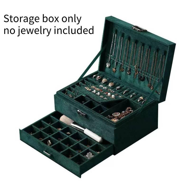 High-end Three-layer Green Jewelry Box With Lock Velvet Earrings Necklaces Bracelets Storage Box Large Capacity