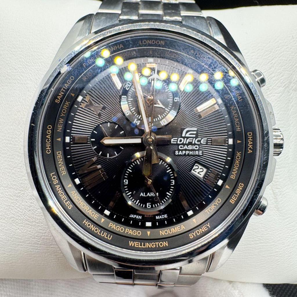 Used CASIO EDIFICE Watch Chronograph World Time Date Black Case With Links Made In Japan