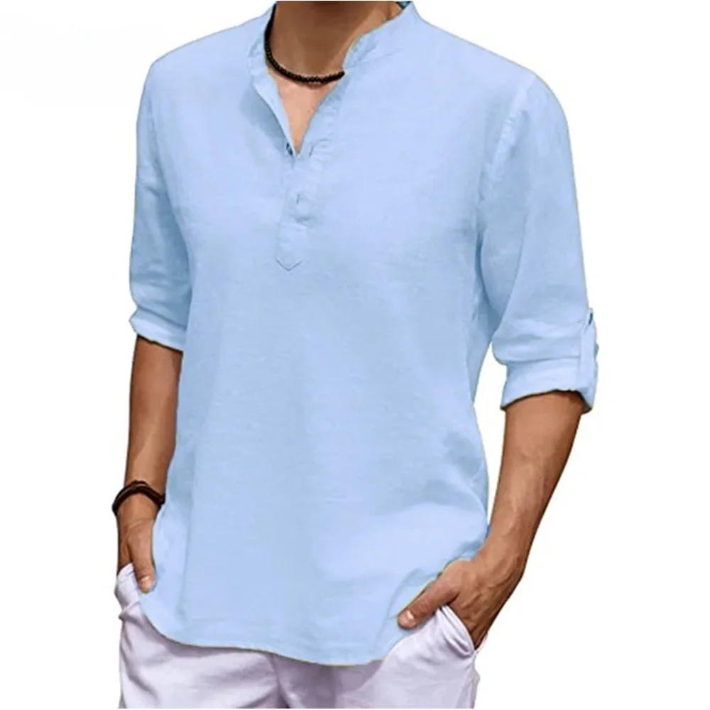 Men's Casual Shirts Solid Color Soft Comfortable Thin Tops Breathable Loose Fashion Button Henry Neck Long Sleeve Blouse