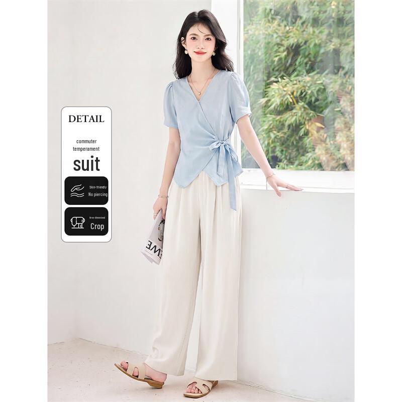 Elegant V-Neck Shirt and Wide-Leg Pant Set L
