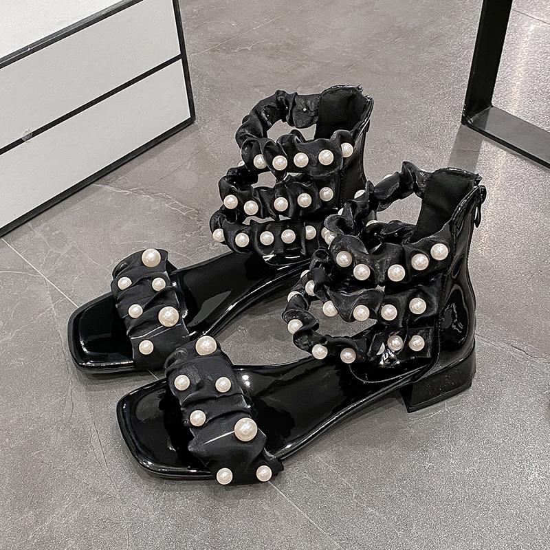 Mote Sandaler med middels hæl Sommer Ny Firkantet tå Snøring Perlebesatt Veske med Glidelås bak Sklisikre Slitesterke Firkantede hæler