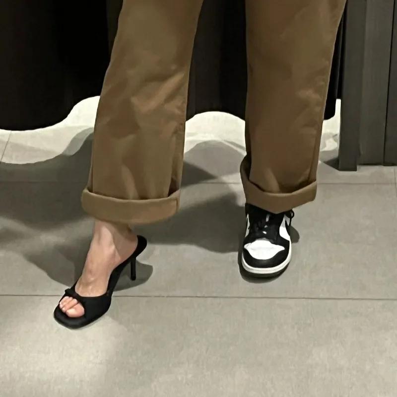 Fashion Slipper Mules Low High Heels Shoes 2024 Summer Best Street Look Females Square Head Open Toe Bow Strappy Sandals Women