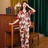 Women's Summer Floral Long Sleeve Loose-Fit Ice Silk Pajamas - Comfortable, Breathable, High-End Feel