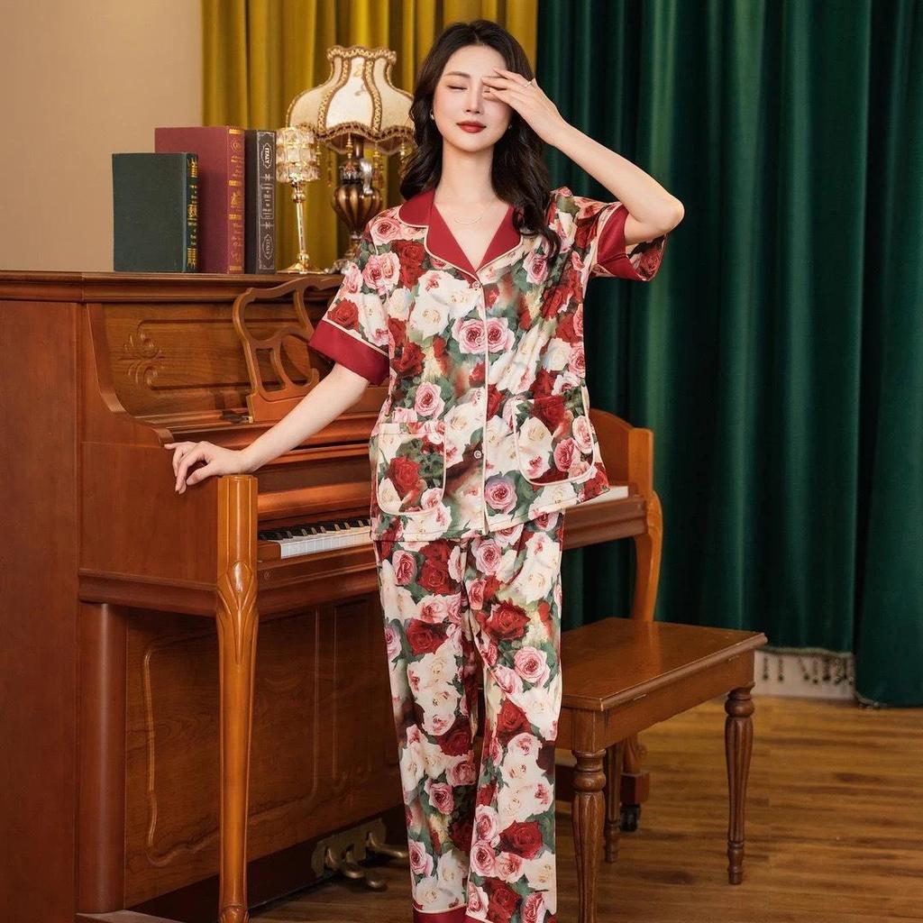 Women's Summer Floral Long Sleeve Loose-Fit Ice Silk Pajamas - Comfortable, Breathable, High-End Feel