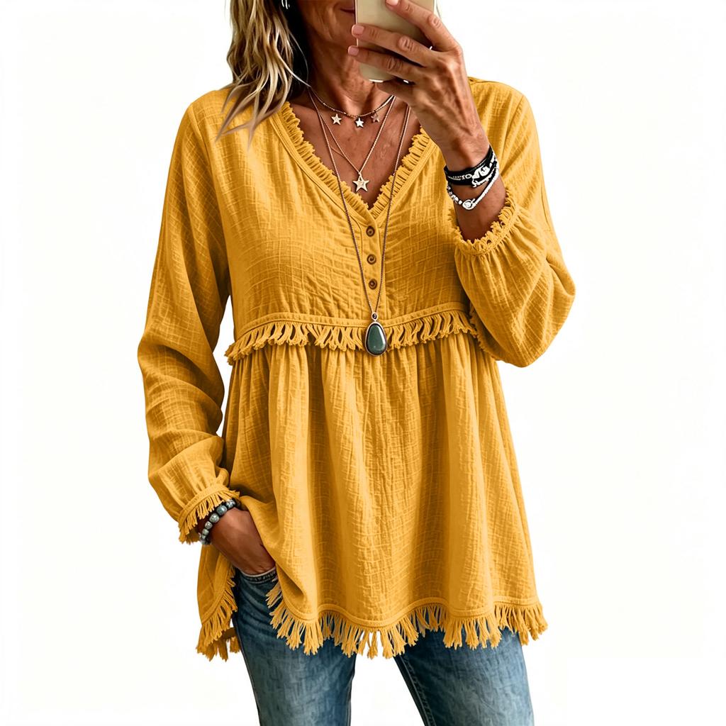 Women's Casual Loose Fit V-Neck Long Sleeve T-Shirt Top with Hem Color