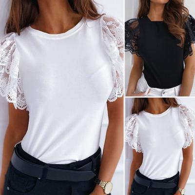 O-neck Slim Fit Breathable Women Top Lace Ruffle Short Sleeve Solid