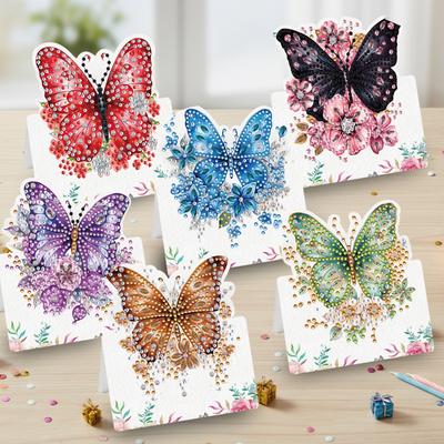 6pcs Flower Butterfly DIY Rhinestone Diamond Art Mosaic Postcards with Envelopes Handmade for Family Friends Holiday Birthday