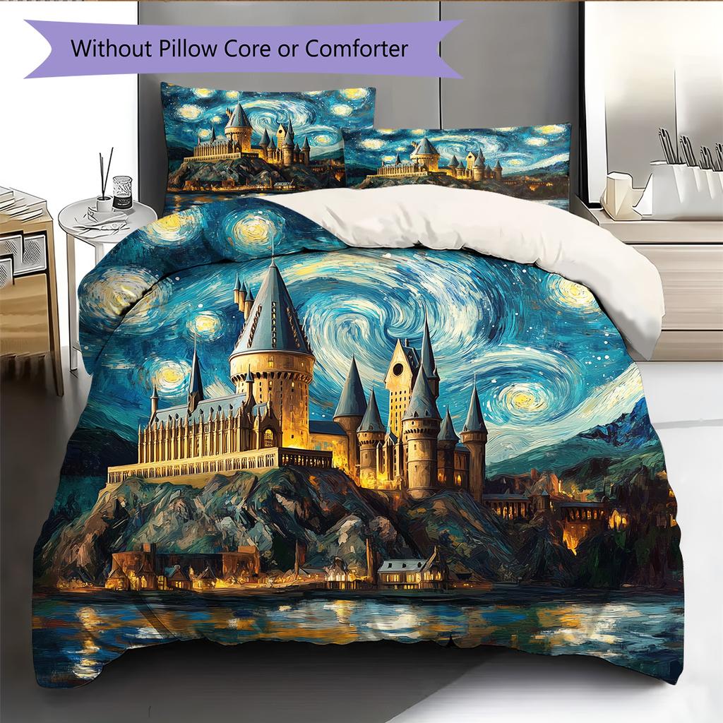 Oil Painting Style Castle Pattern Bedding Quilt Set Home Decoration Gift (1 * duvet cover + 2 * pillowcase without core)