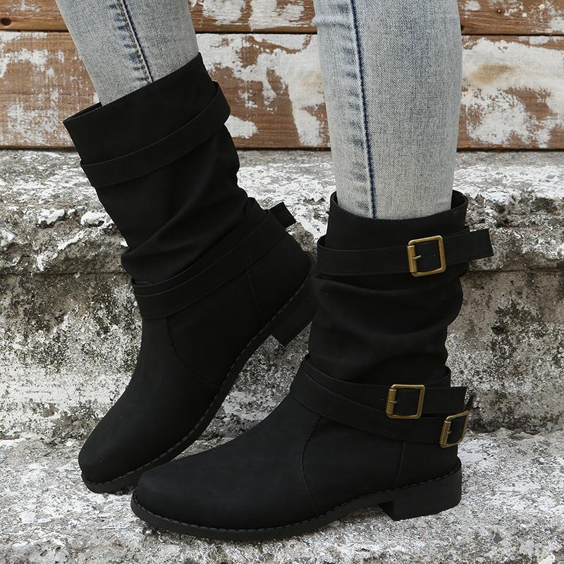 Women Ankle Boots 2026 Autumn Retro Round Toe PU Leather Femme Mid-heel Stubby Short Boots Outdoor Fashion Pleated Casual Shoes