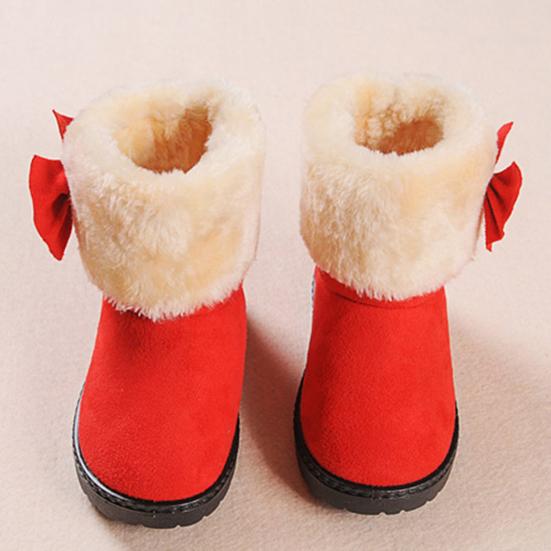 Girls Cute Bowknot Solid Color Winter Warm Snow Ankle Boots Slip On Flat Shoes