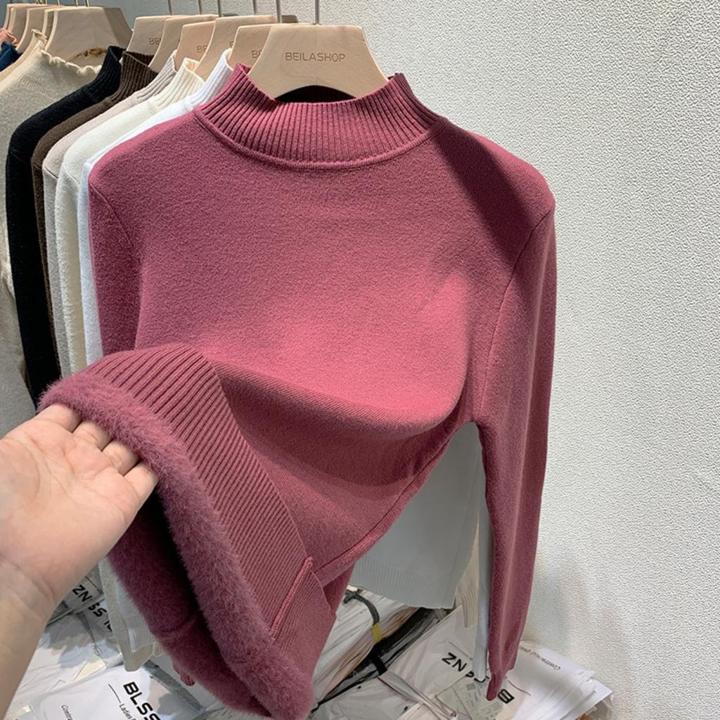 One Piece Velvet High Neck Sweater with Thickened Velvet for Women, Autumn and Winter New Warm Long Sleeved Base Sweater