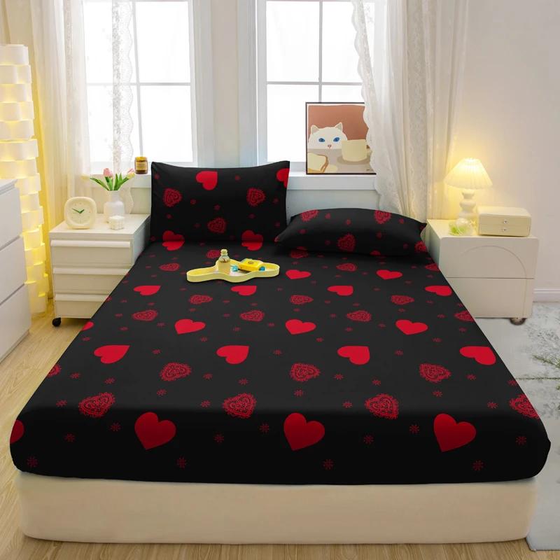 

1/3-Piece Heart-Shaped Pattern Matte Fitted Sheet Set Modern Bedroom Printed Bed Cover 90x200cm