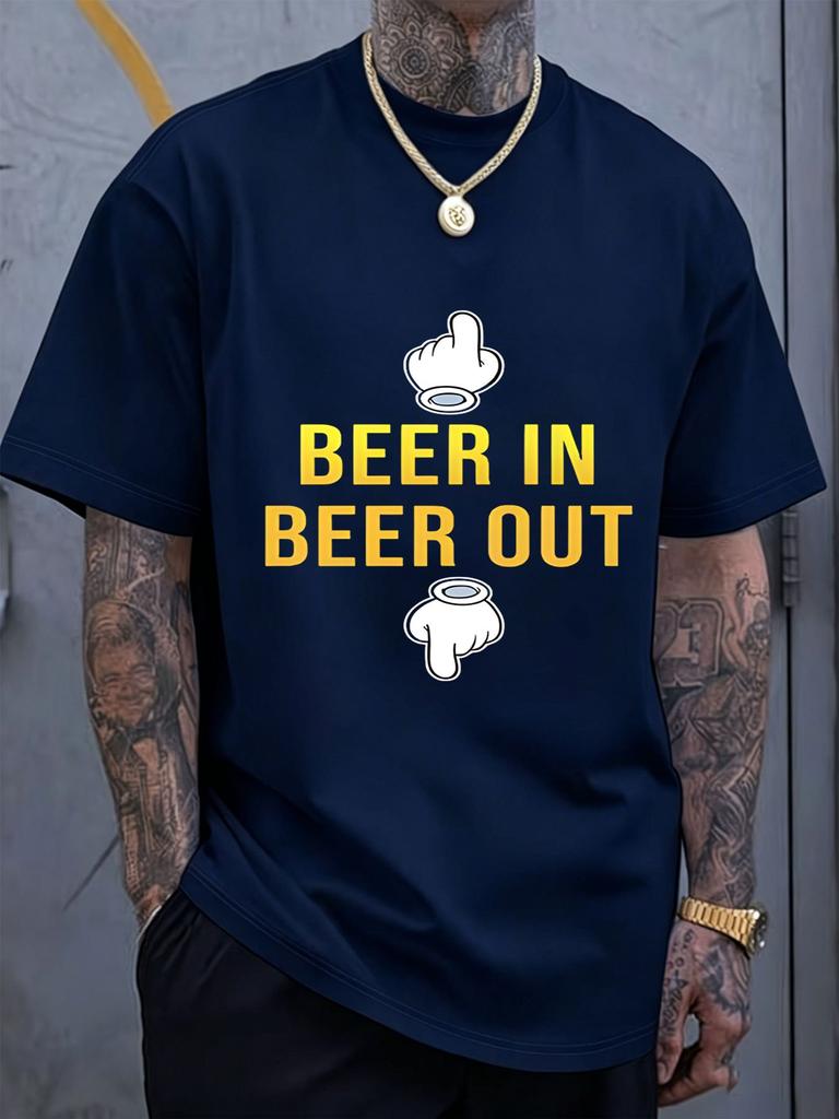 Cartoon Hand Beer In Beer Out Letter Graphic Unisexs Cotton Crew Neck Tee Short Sleeve Loose Casual Daily Street Male Wear Top