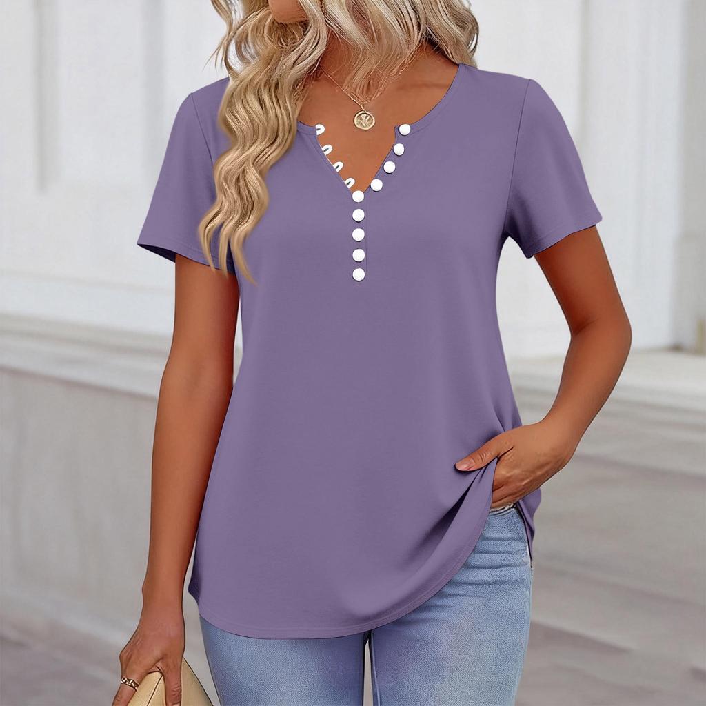 Women’s Casual Short Sleeve V Neck Button Front Blouse Comfortable Relaxed Fit Basic Summer Top for Daily Wear