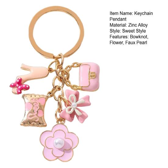 Yousheng Keychain Pendant with Faux Pearl Embellishment Enamel Heart Bowknot Flower Charm Key Chain Decorative Accessory
