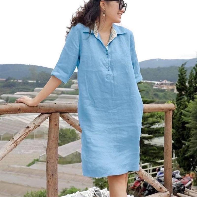 Spring/Summer V-Neck Loose Midi Dress for Middle-Aged Women