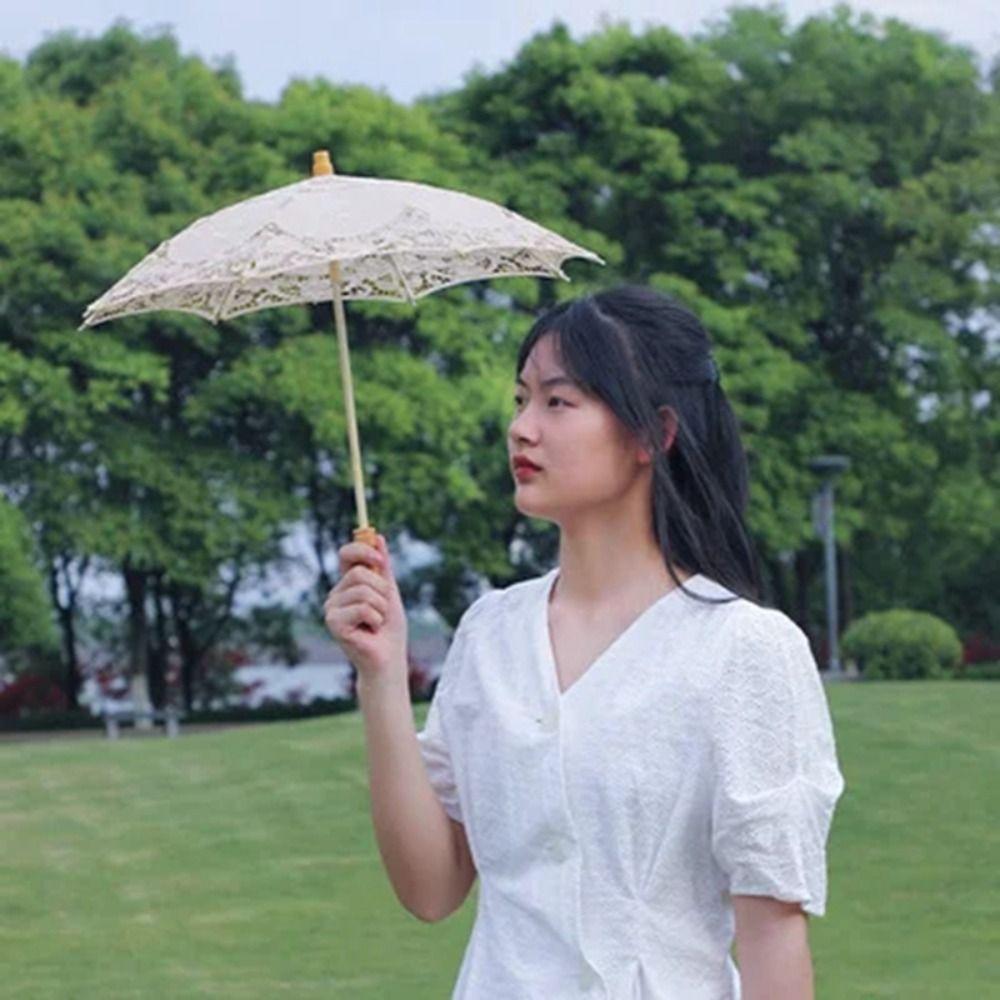 Hollowed Wedding Lace Umbrella Wooden Handle Parasol Umbrella Photography Prop Prop Umbrella  Women