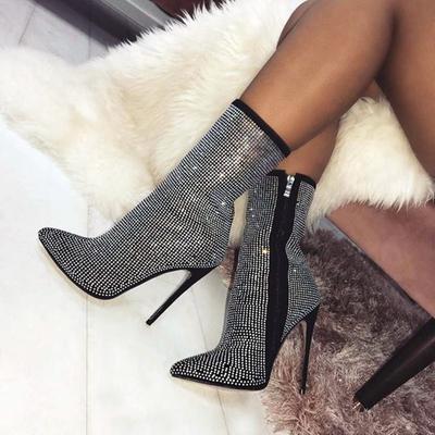 Sparkling Crystal Rhinestones Ankle Boots Woman High Heels Bota Zipper Designer Boots for Women Pointed Toe Sexy Modern Botines