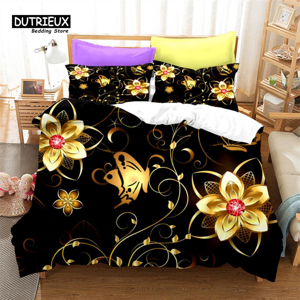 Comforter Golden Butterfly And Floral Bedding Set Queen Print Black For Kids Girls Boys Adults Bedroom Decor