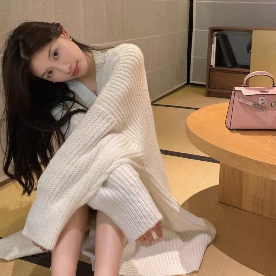 

Осень Зима Женский Длинный Кардиган Весна Вязаный Свободный V-образный вырез Элегантный Милый Верхняя одежда Женский Свитер Пальто Мягкая Куртка XXXL бежевый