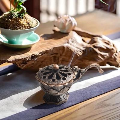 Metal Lotus Incense Burner with Handle Hollow Out Incense Holder Classical Elegance Ancient Style Aroma Furnace