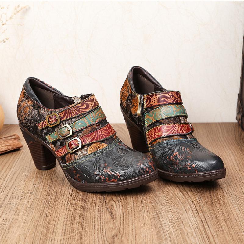 Johnature Genuine Leather Pumps Women Shoes Retro Round Toe Fashion High Heels Printed Handmade Ladies Shoes