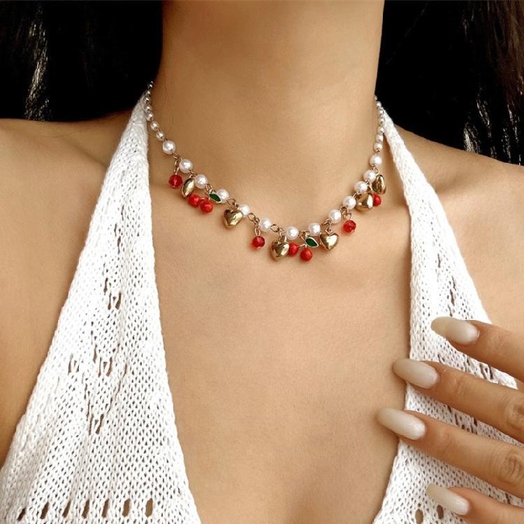 Playful Cherry Strawberry Heart Pendant Necklace With Margarite Details Flexible Chain Design Ideal For Layering