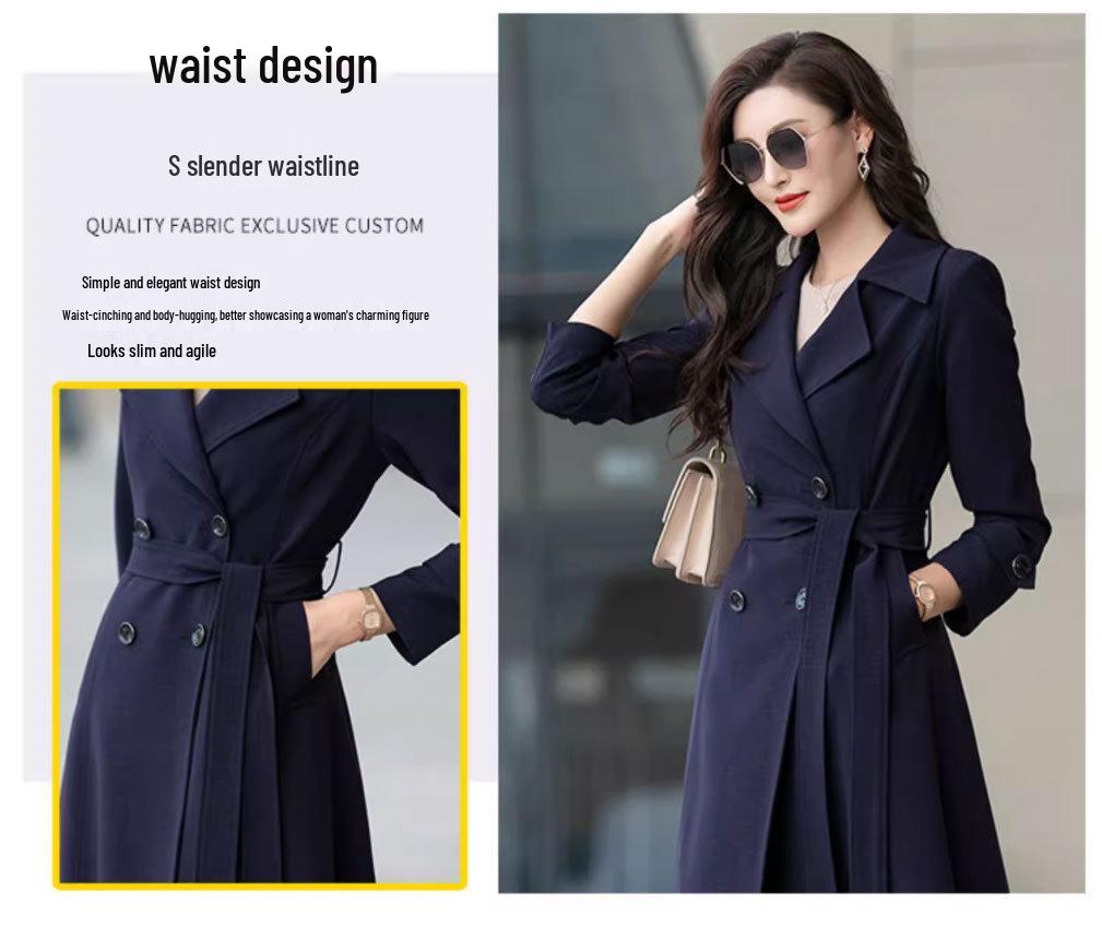2025 Women's British Style Black Trench Coat - Elegant, Long, Over-the-Knee Spring/Autumn Fashion