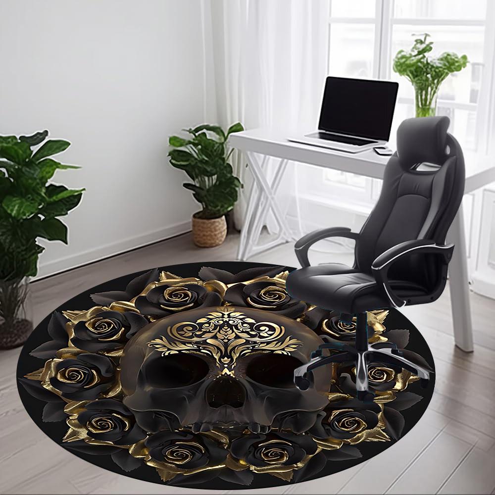 1pc Skull Roses Artwork Chair Carpet for Office, Round Non Slip Durable Large Size Office Carpet, Suitable for Office