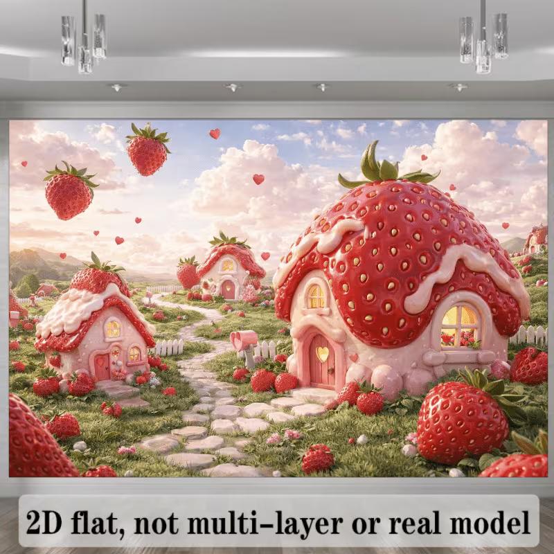 2D Whimsical Strawberry Houses & Hearts Photography Background