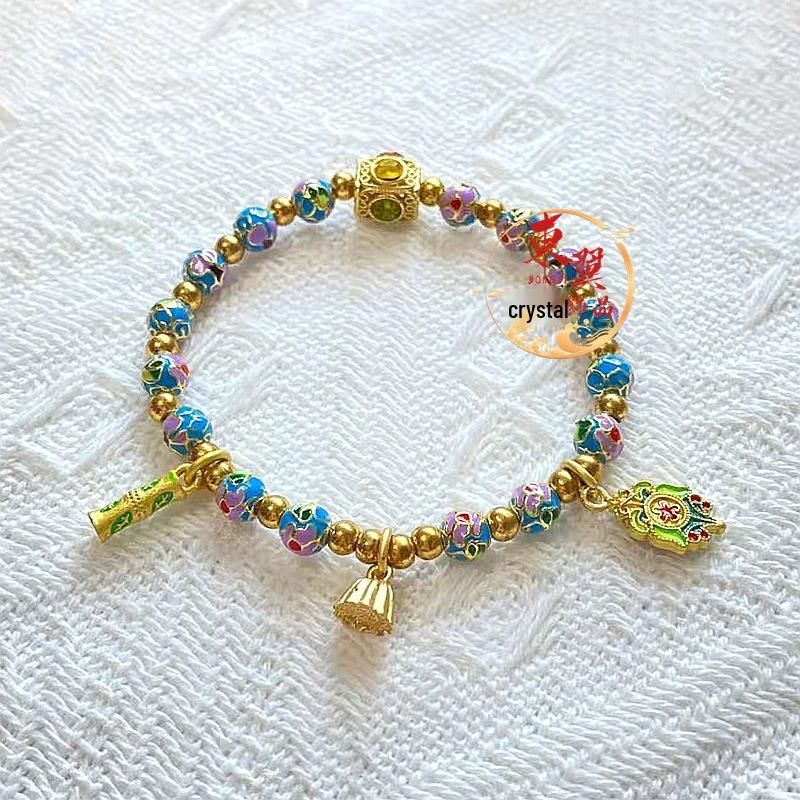 Lake Blue Cloisonné Lotus Pod & Bamboo Bead Gold Foil Bracelet
