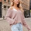 Ladies Autumn Winter Long Sleeve V Neck Solid Color  Pullover Knitted Sweater Knitwear Top