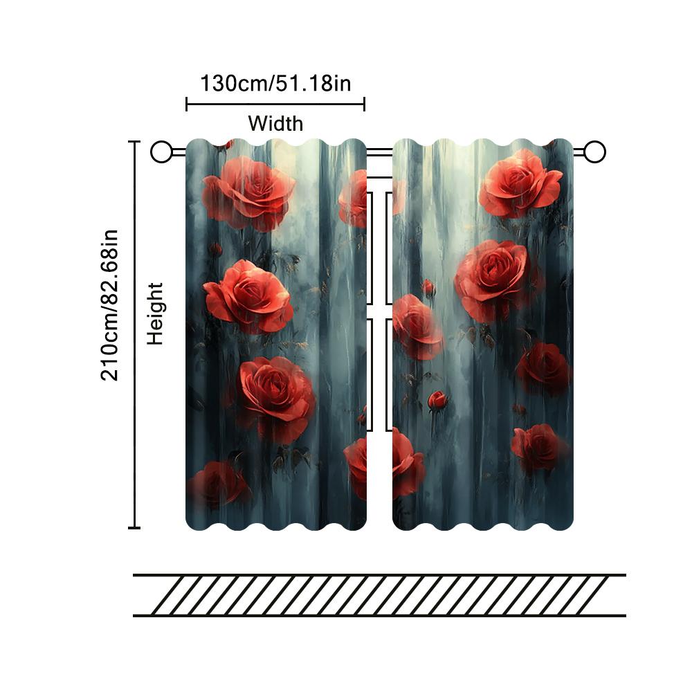2pc,  Valentine's Day Window Treatment Curtains Rose Pattern Versatile Fabric,Without Electricity Family Party for Indoor