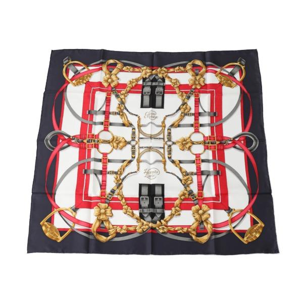HERMES Carre90 Crano Manege scarf big training silk Navy Women Used