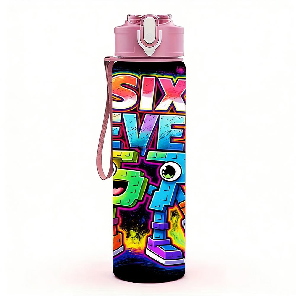 1PC Rainbow Six Seven Bright Graffiti Text 750ml Color Plastic Water Bottle Leakproof Flip Straw Lid For Sports Office Home Use