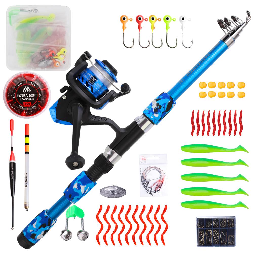 FTK 1.8m Fishing Pole Set Full Kits With Telescopic Fishing Rod And Spinning Reel Baits Hooks Travel Pole Set