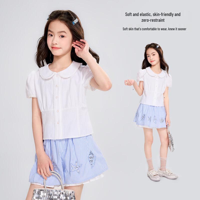 Girls  Sweet Lace Cotton Blend Short-Sleeve Shirt 160