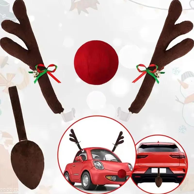 Christmas Car Decoration Antlers Red Nose Set Reindeer Decoration Vehicle Red Nose Elk Horn Decor Set Christmas Ornament New
