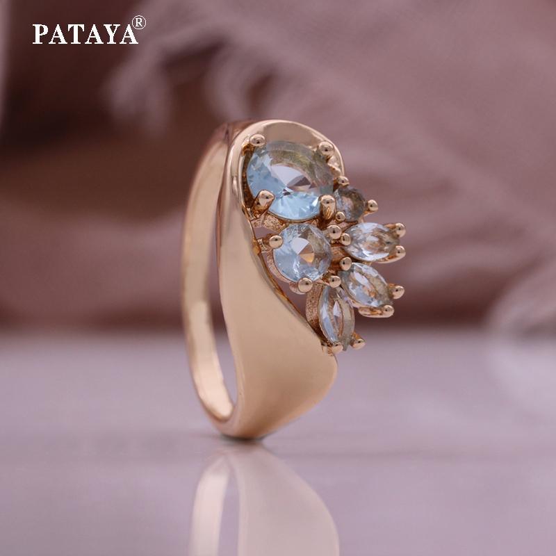 PATAYA 585 Roségoldfarbenes Hellblaues Künstliches Zirkon Ohrring Ring Kombinationsset