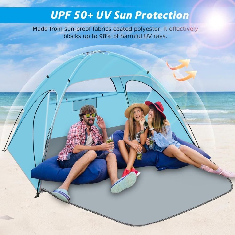 Portable Lightweight Seaside Beach Tent for 3-4 Person Sun Shade Canopy UV Sun Shelter Camping Fishing Outdoor Gatherings Tent