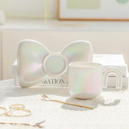Bow Knot Coffee Cup Saucer Set Light Luxury Ceramic Mug Couple Afternoon Tea Coffee Cup Nordic Home Breakfast Milk Cup Gifts