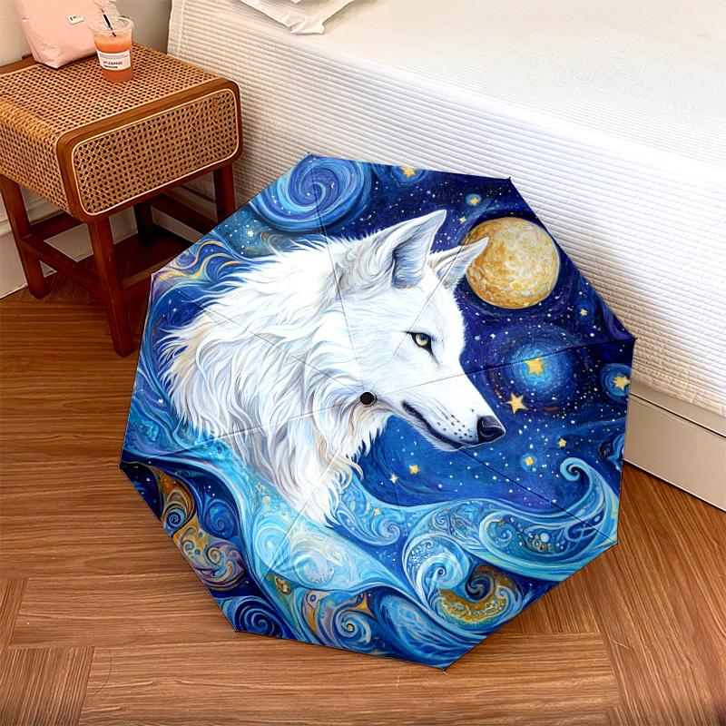 1 Stück Automatischer Faltregenschirm - Weißes Wolfsmuster, Tragbares & Faltbares Design mit 8 Speichen, Weihnachts-Geburtstagsgeschenke
