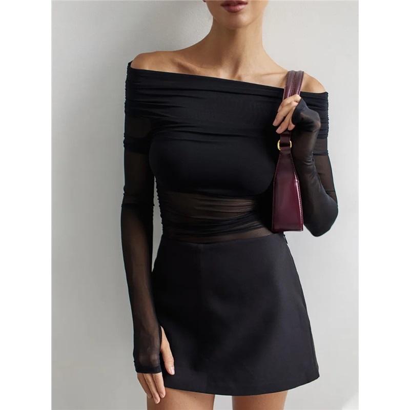 Tooxika Spring And Autumn Women's New Solid Color Slim Fashion One-shoulder Neck Mesh Long-sleeved Top