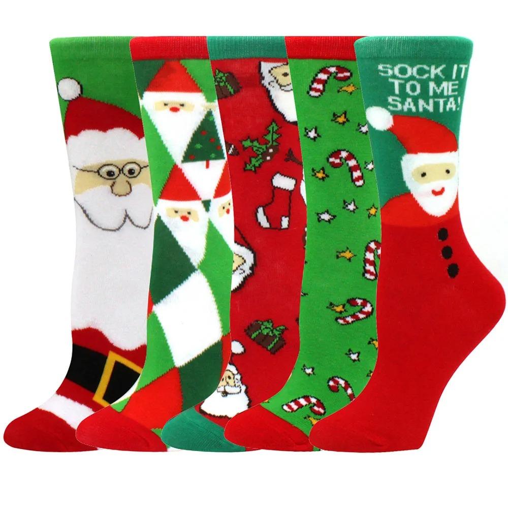 5 Pairs of Christmas Women's Socks with Reindeer and Christmas Tree Patterns, Warm Cotton Socks, Holiday Gift