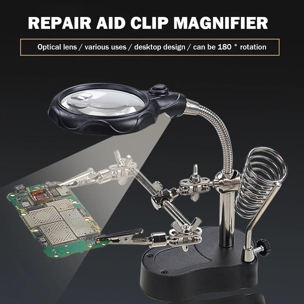 Auxiliary Clip Loupe Welding Magnifying Glass with LED Light 3.5X-12X Lens Desktop Magnifier Third Hand Soldering Repair Tool